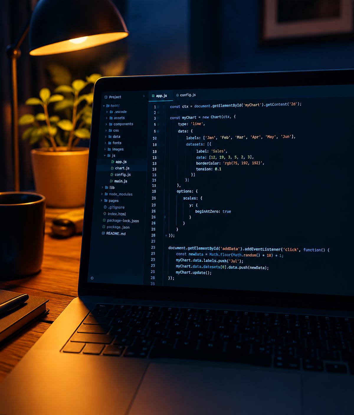 Laptop showing source code beside a warm desk lamp (illustrative image)