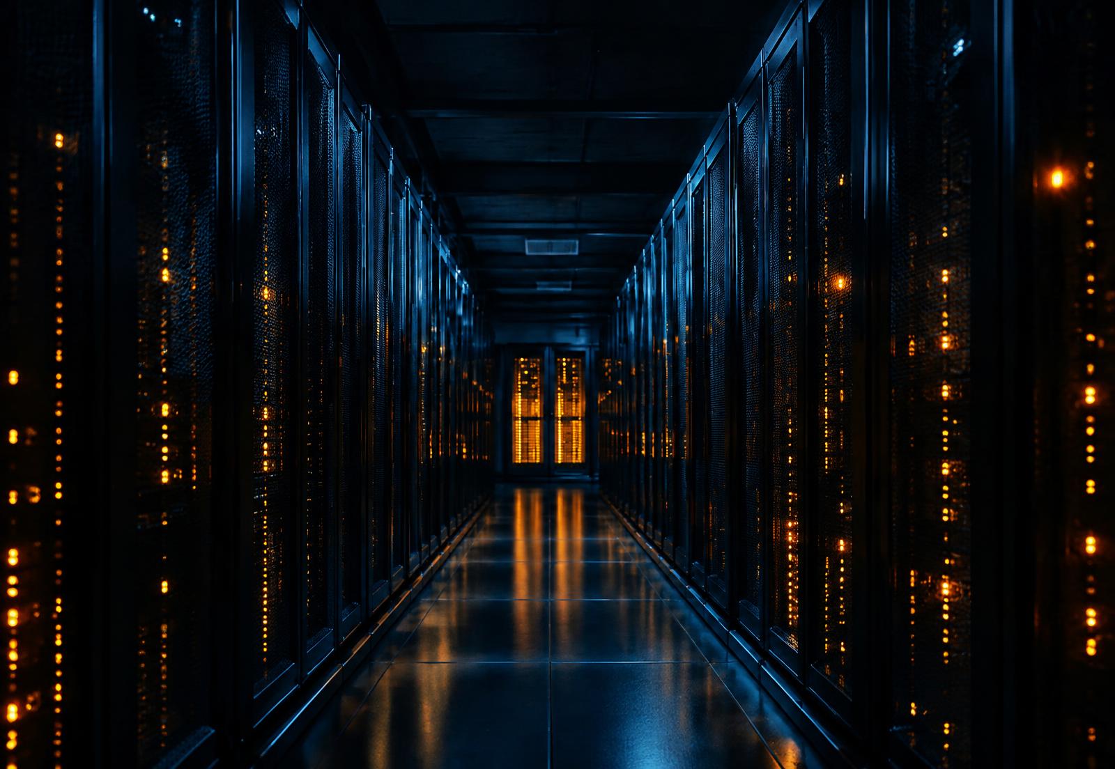 Server room corridor lit by rows of amber indicator lights (illustrative image)