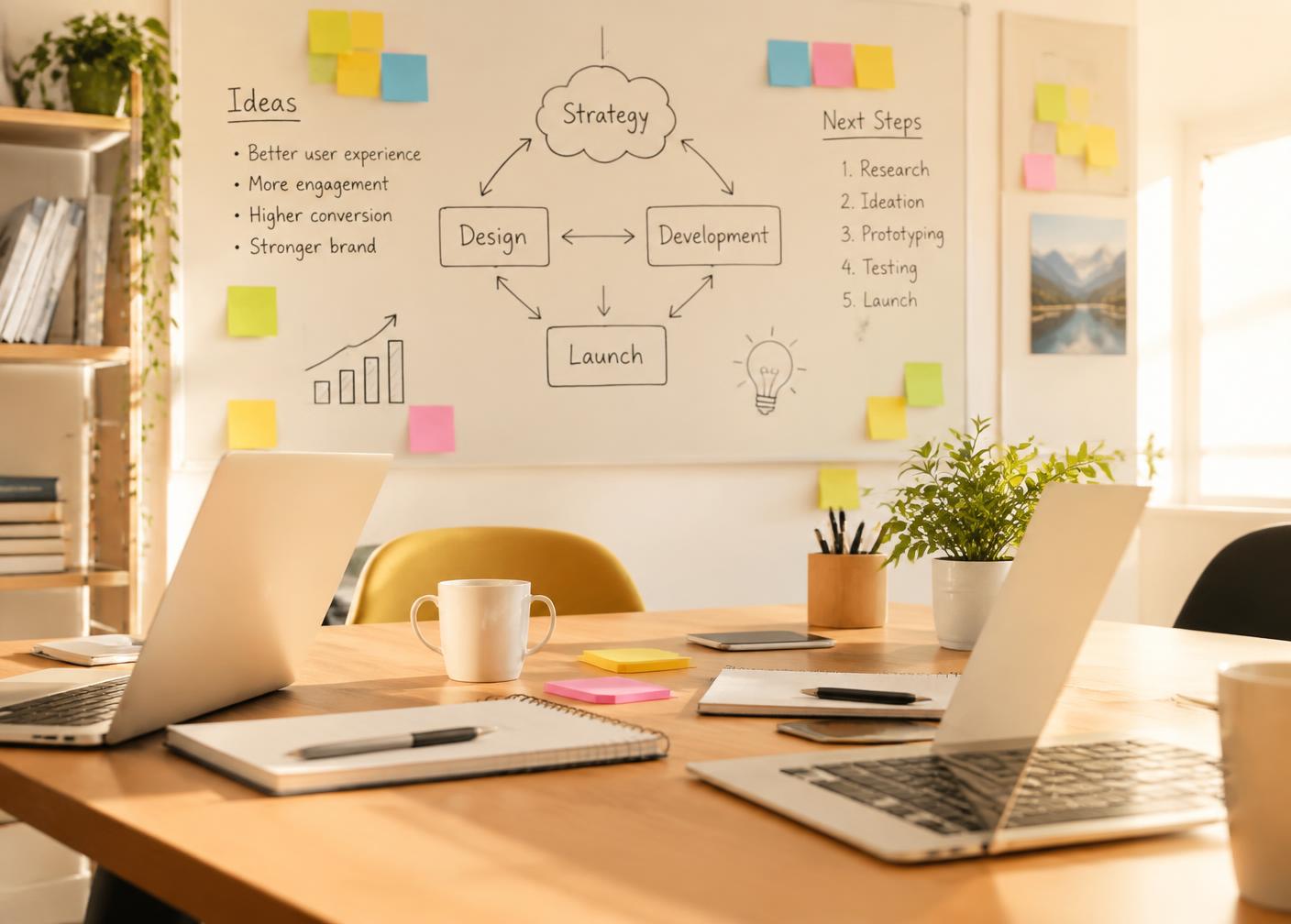 Shared table with laptops and a whiteboard planning sketch (illustrative image)